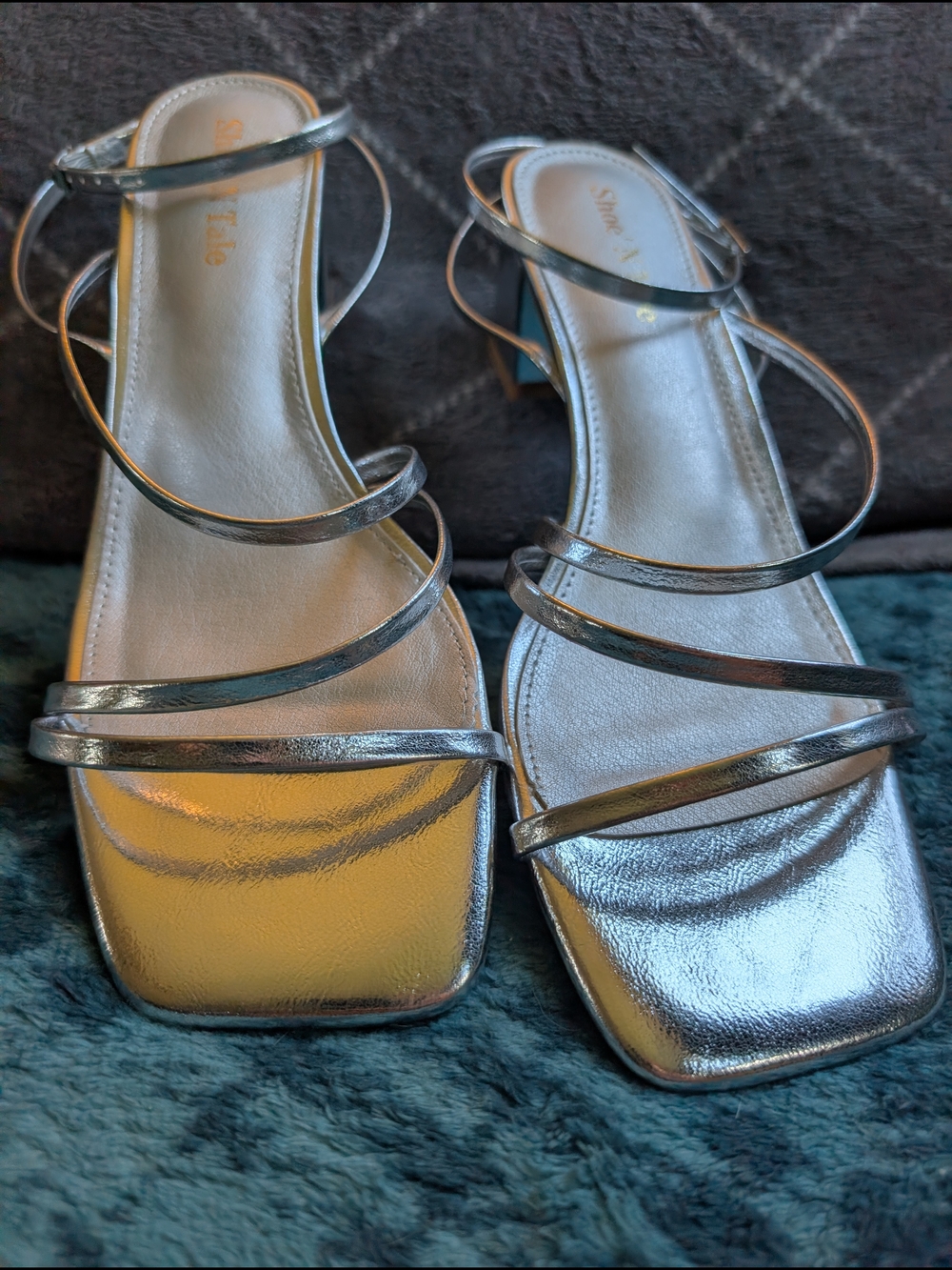 Like New Strappy Metallic Square-Toe kitten block Heels in Silver - Size 11